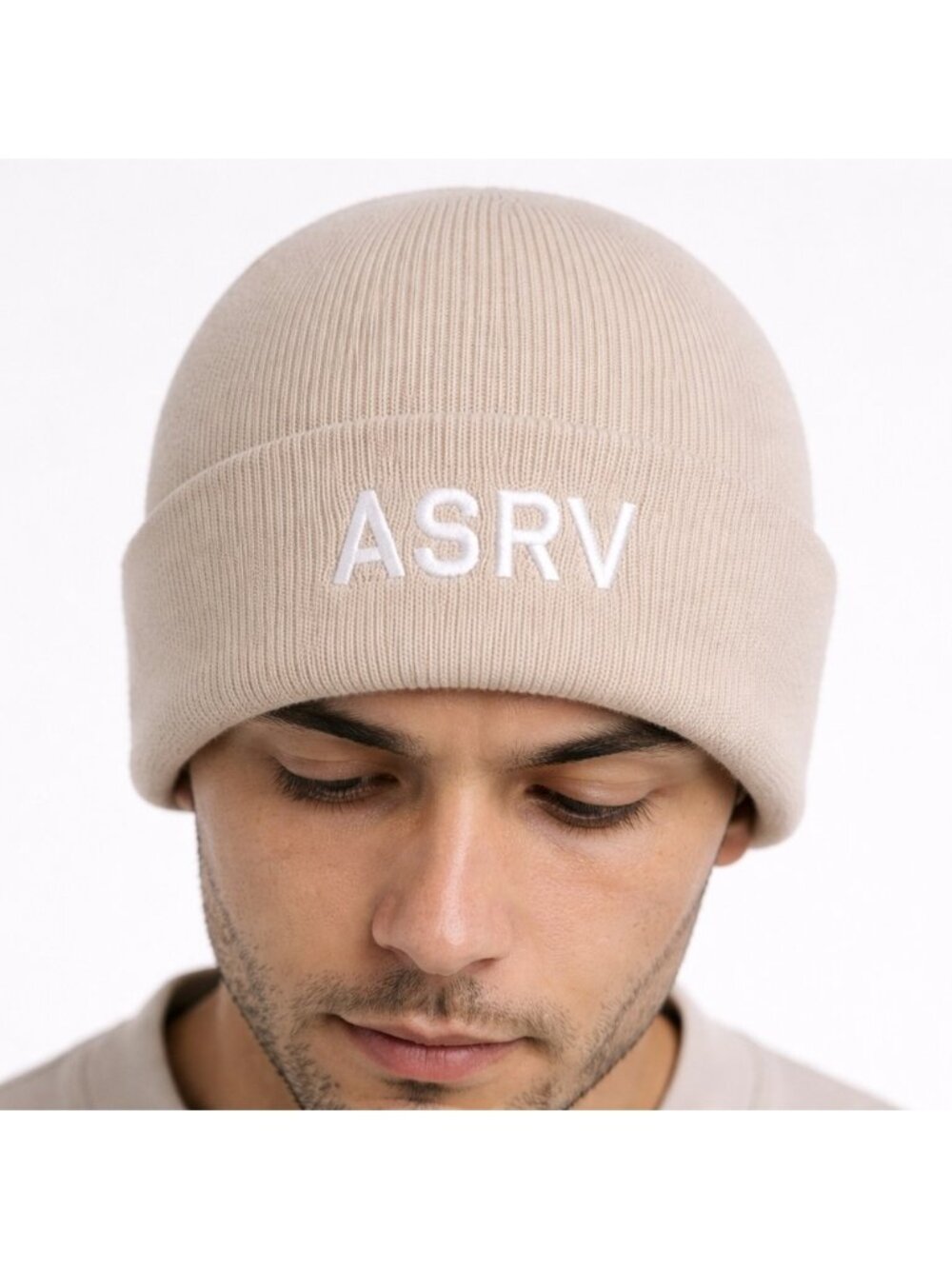 ASRV Beige White Knit Beanie Hat Touque Logo Unisex Winter Cap Mens Womens New